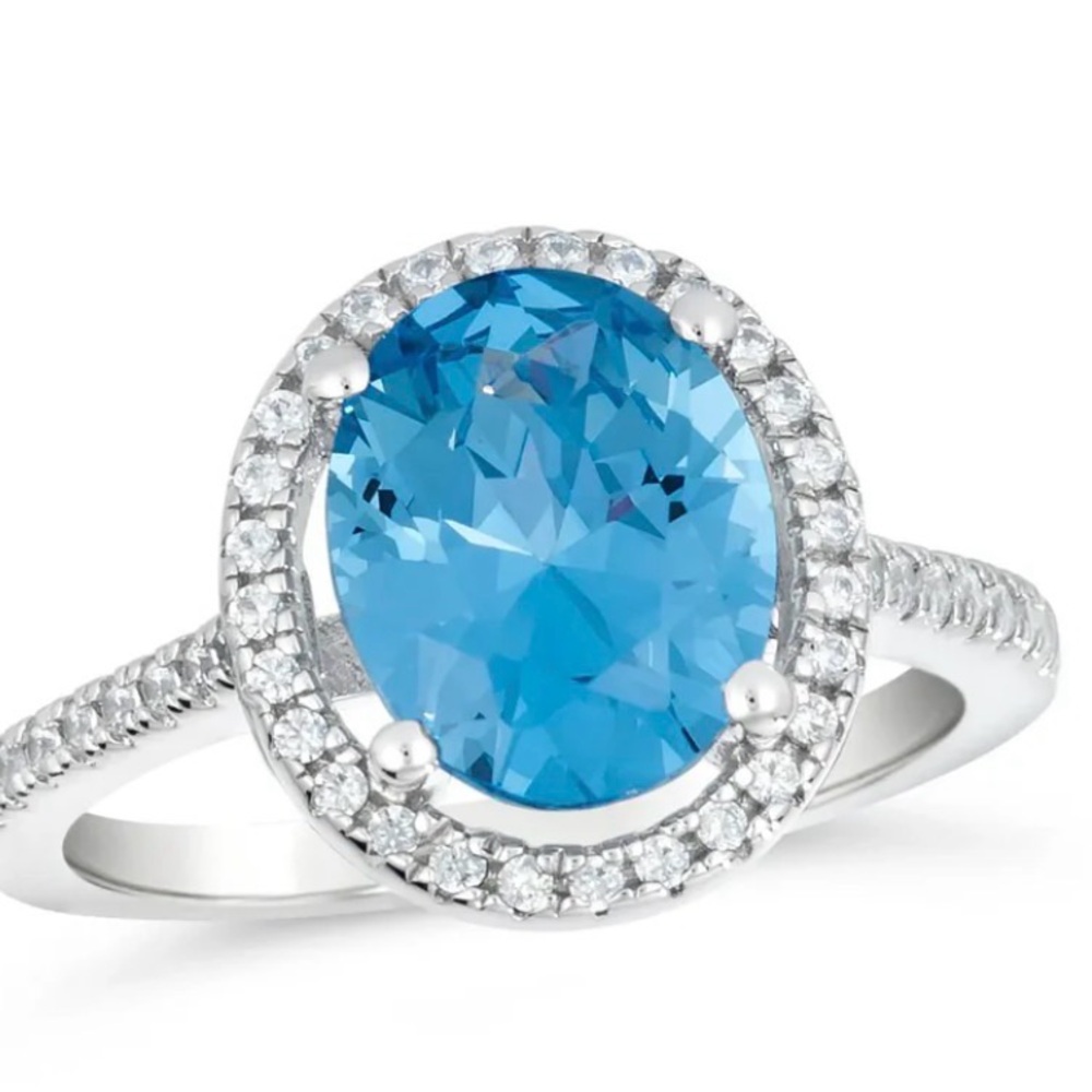 Aquamarine Halo Silver Ring - Sparkling Light Blue Gemstone #88